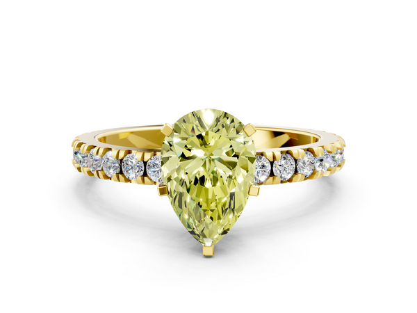 Yellow gold Fancy Yellow Pear  Diamond Pavé Band Solitaire with Four-Prong Setting