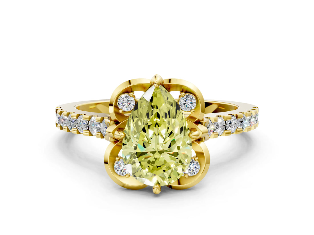 Yellow gold Fancy Yellow Pear  Diamond Pave Band with Floral Prong Setting_27