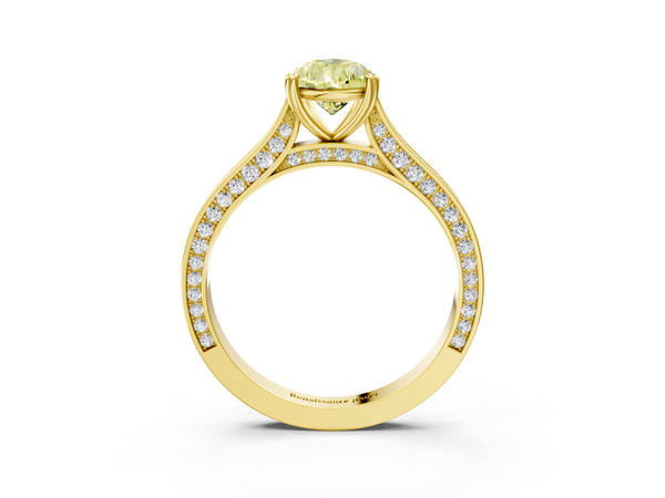 Yellow gold Fancy Yellow Pear  Diamond Solitaire with Pave Band and Six-Prong Setting