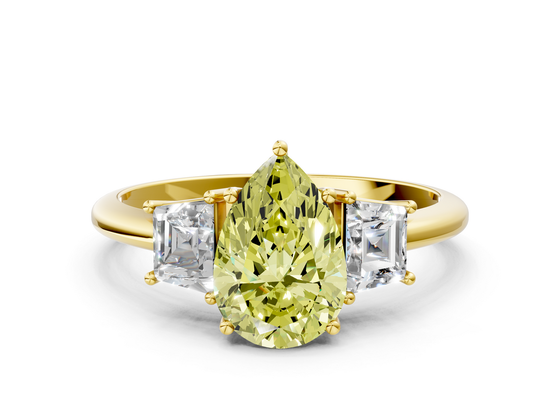 Yellow gold Fancy Yellow Pear  Diamond Three-Stone Ring with Trapezoid Side Stones and Prong Setting_17
