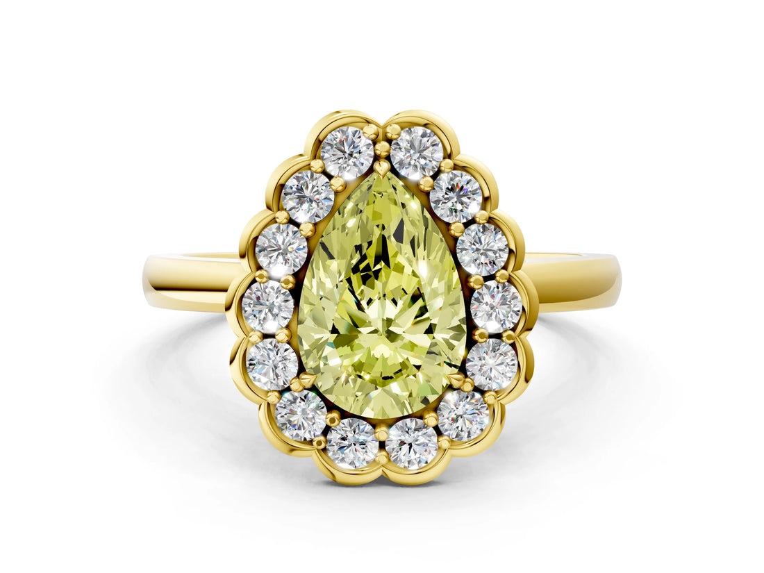 Yellow gold Fancy Yellow Pear  Halo Cluster Diamond Engagement Ring with Solitaire Band and Prong Setting_49