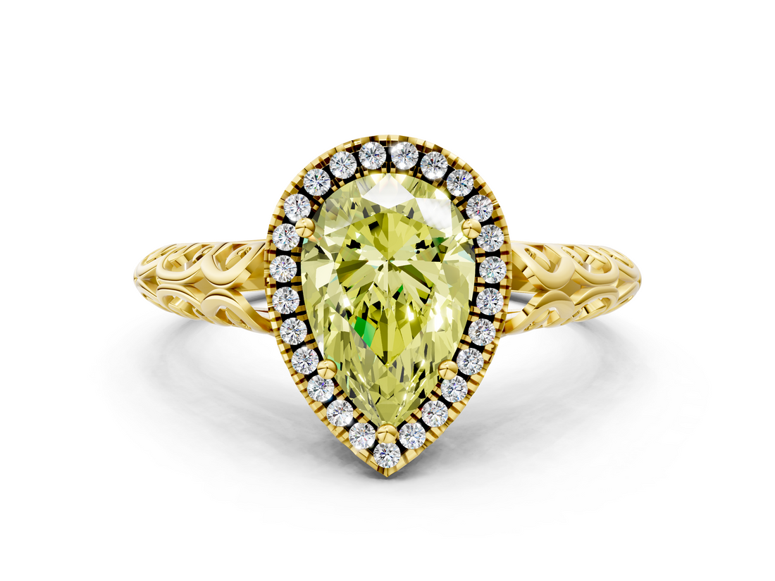 Yellow gold Fancy Yellow Pear  Halo Diamond Engagement Ring with Intricate Filigree Band and Four-Prong Setting_53