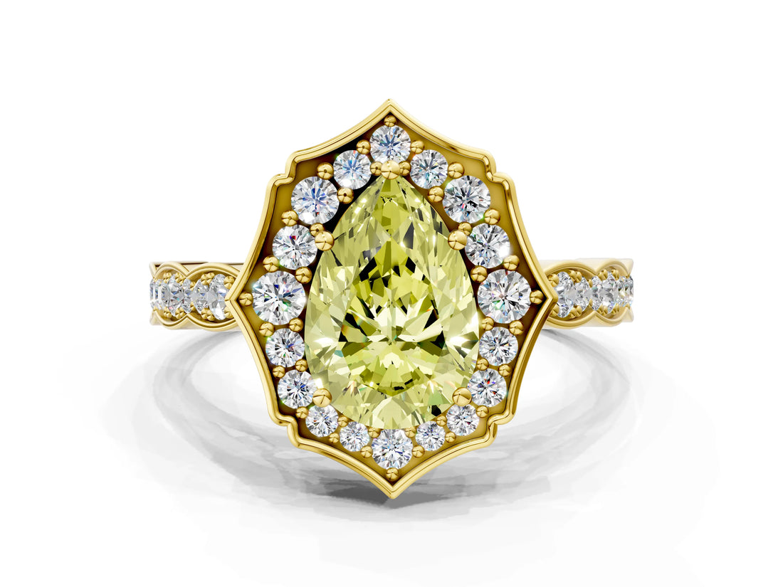 Yellow gold Fancy Yellow Pear  Halo Diamond Engagement Ring with Milgrain Band and Four-Prong Setting_72