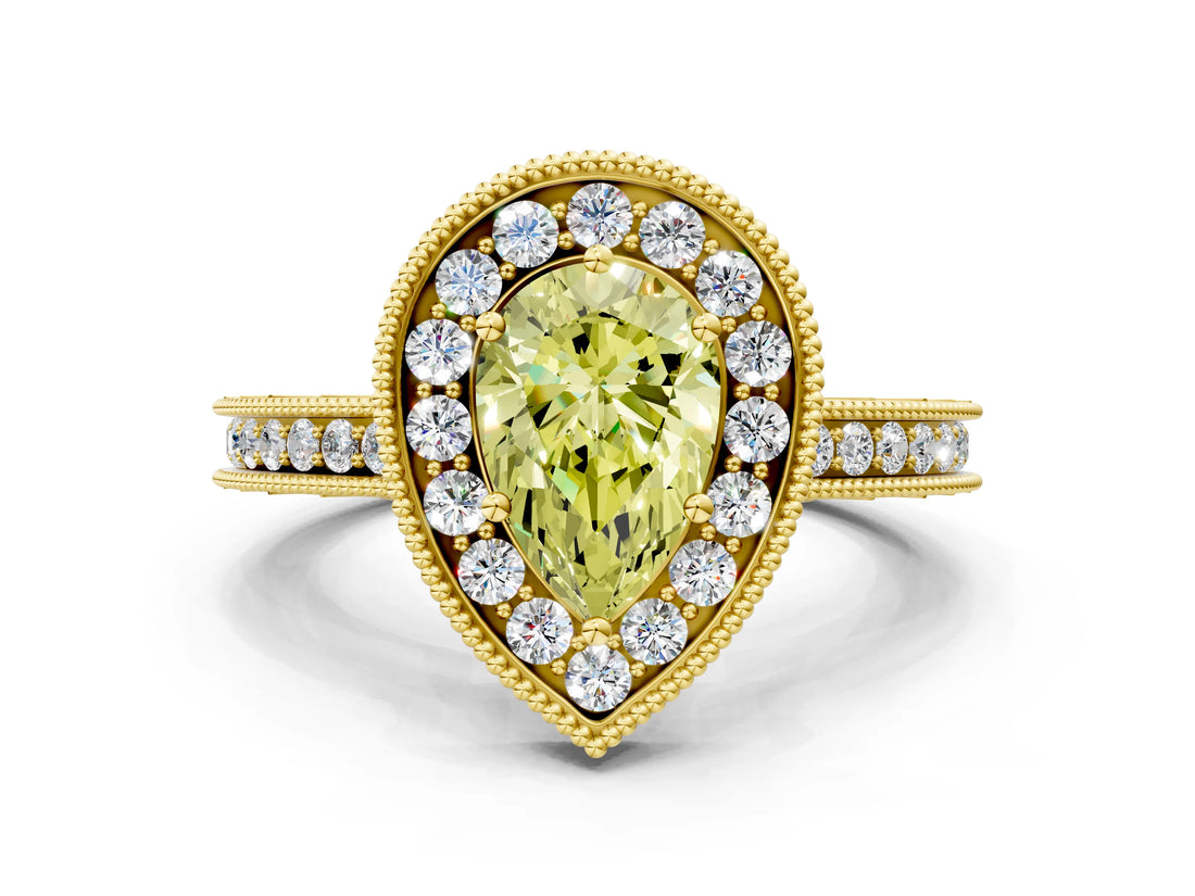 Yellow gold Fancy Yellow Pear  Halo Diamond Engagement Ring with Milgrain Pave Band and Four-Prong Setting_12