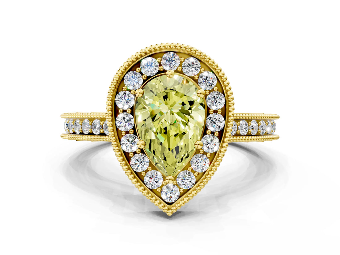 Yellow gold Fancy Yellow Pear  Halo Diamond Engagement Ring with Milgrain Pave Band and Four-Prong Setting_99