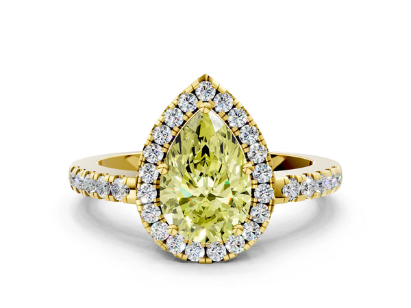 Yellow gold Fancy Yellow Pear  Halo Diamond Engagement Ring with Pavé Band and Four-Prong Setting