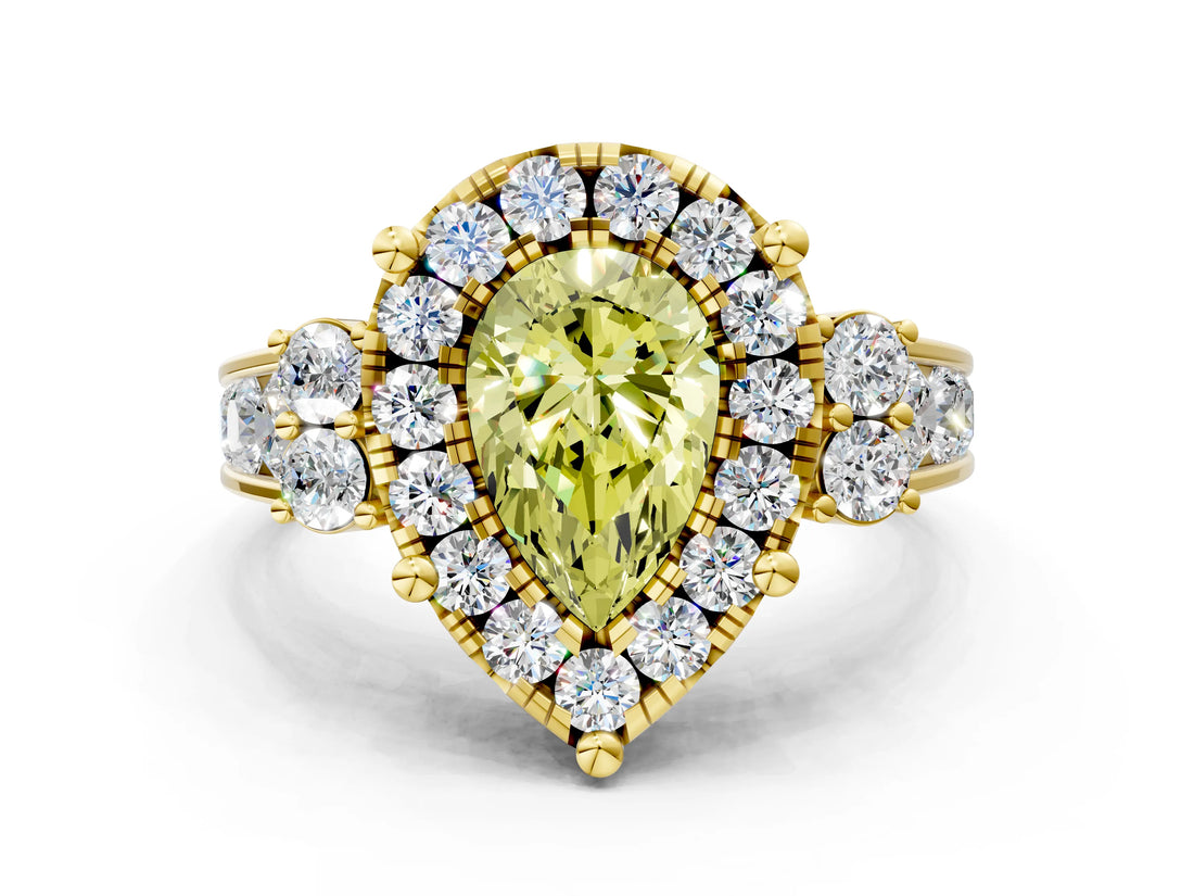 Yellow gold Fancy Yellow Pear  Halo Diamond Engagement Ring with Split Shank and Four-Prong Setting