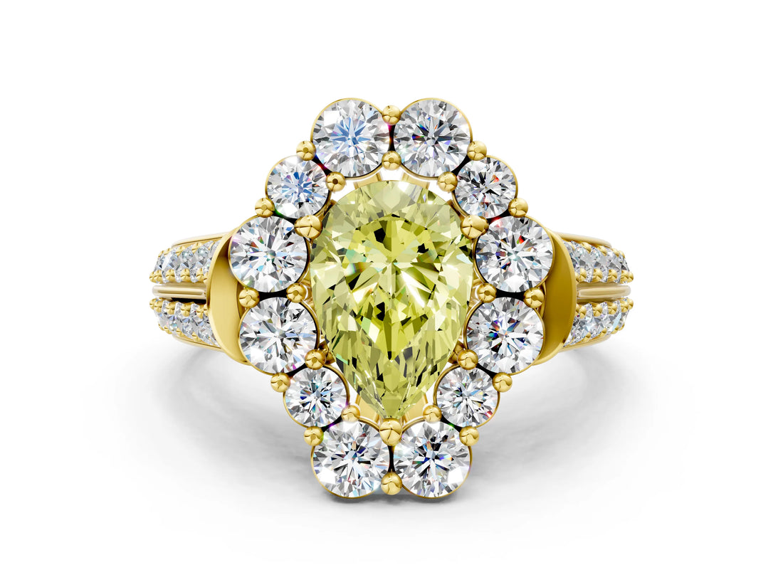 Yellow gold Fancy Yellow Pear  Halo Diamond Engagement Ring with Split Shank and Prong Setting_66