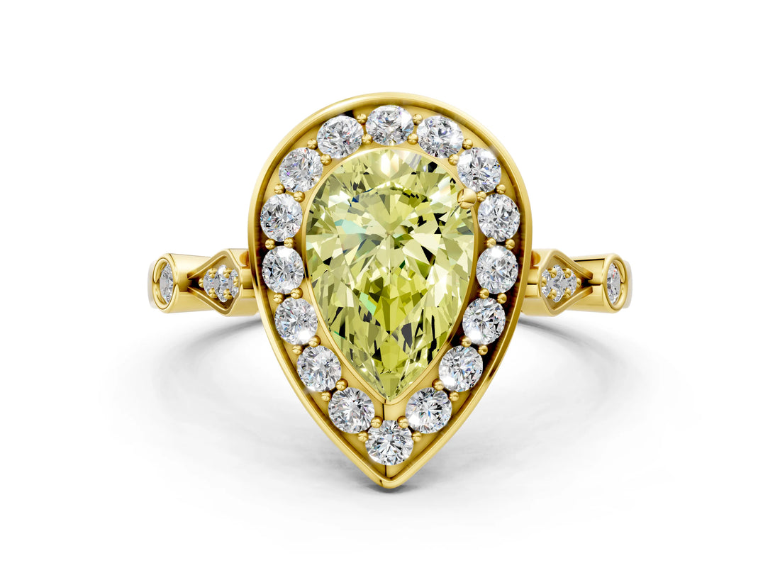 Yellow gold Fancy Yellow Pear  Halo Diamond Engagement Ring with Twisted Band and Four-Prong Setting
