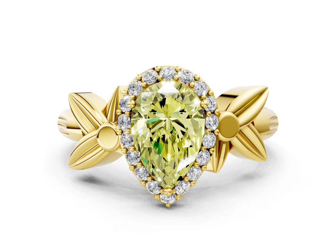 Yellow gold Fancy Yellow Pear  Halo Diamond Floral Band with Four-Prong Setting_55