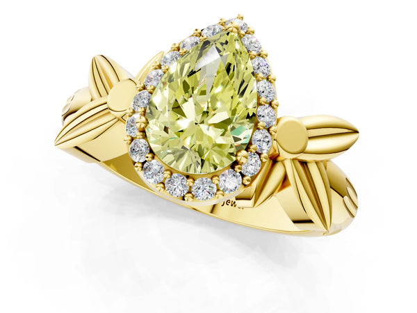 Yellow gold Fancy Yellow Pear  Halo Diamond Floral Band with Four-Prong Setting
