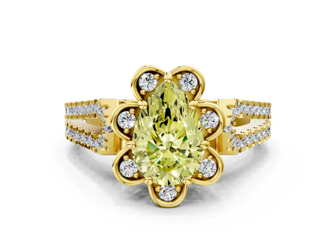 Yellow gold Fancy Yellow Pear  Halo Diamond Floral Split Shank Engagement Ring