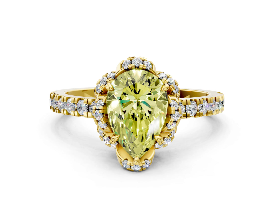 Yellow gold Fancy Yellow Pear  Halo Diamond Pave Band Ring with Four-Prong Setting_15
