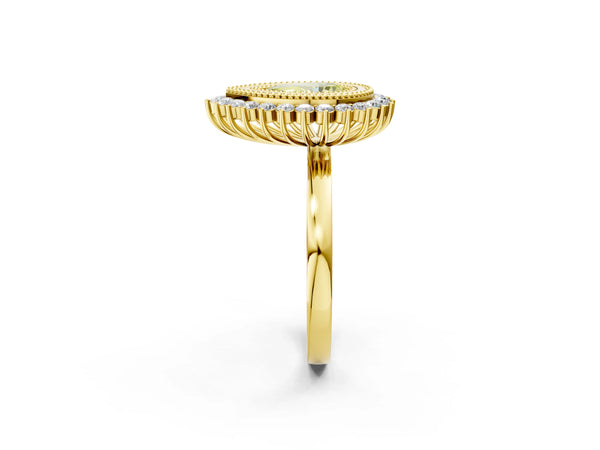 Yellow gold Fancy Yellow Pear  Halo Diamond Ring with Milgrain Edge and Round Prong Setting