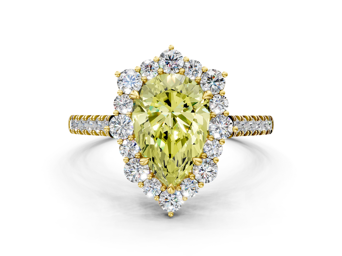 Yellow gold Fancy Yellow Pear  Halo Diamond Ring with Pavé Band and Prong Setting_20