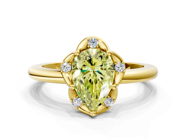 Yellow gold Fancy Yellow Pear  Halo Diamond Ring with Round Cluster Setting, Solitaire Band, and Four-Prong Setting