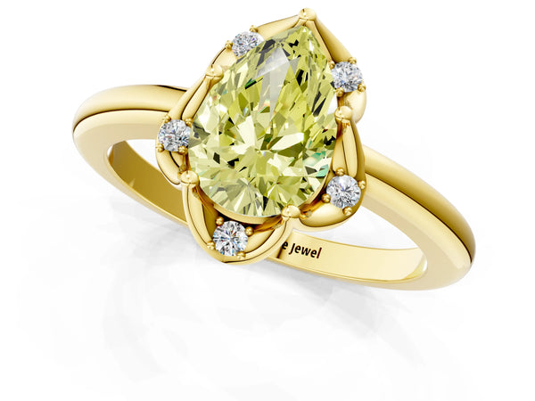 Yellow gold Fancy Yellow Pear  Halo Diamond Ring with Round Cluster Setting, Solitaire Band, and Four-Prong Setting
