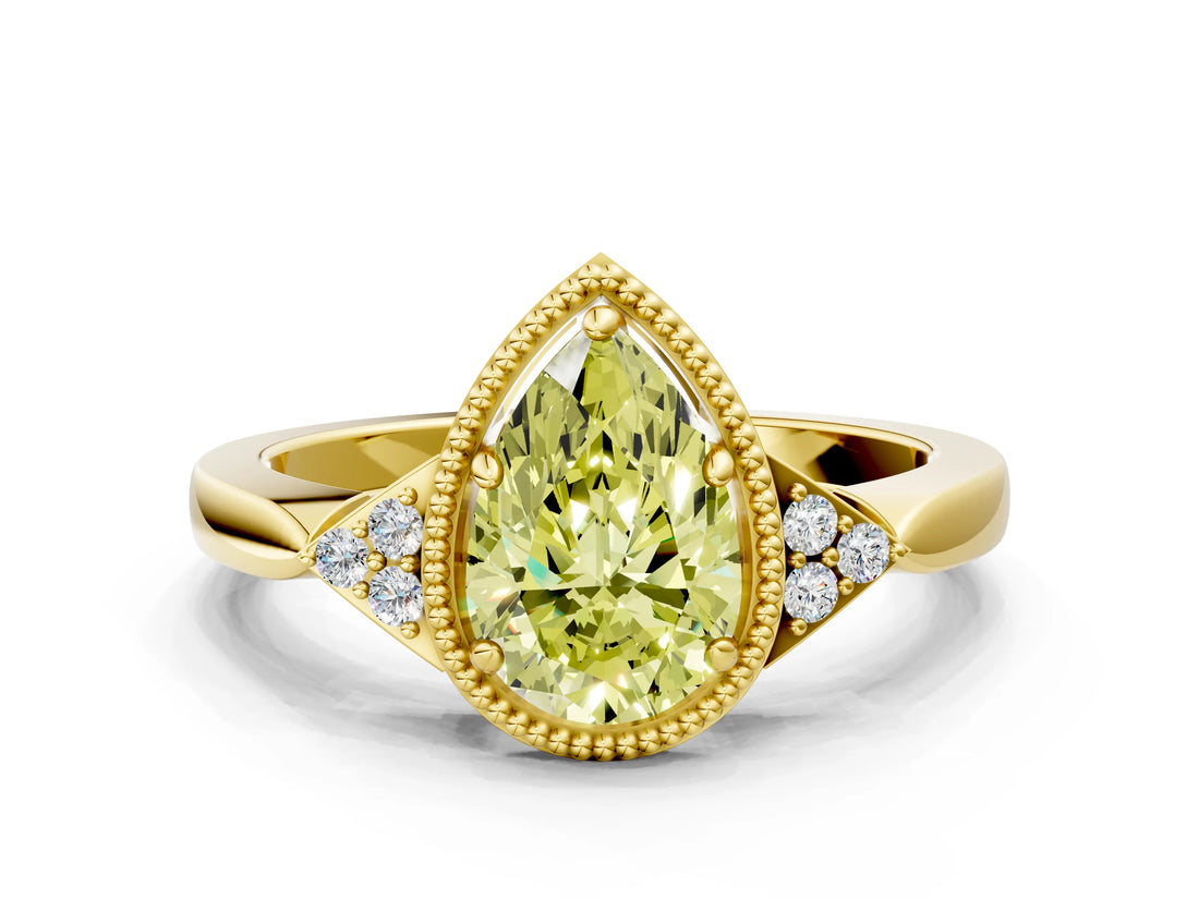 Yellow gold Fancy Yellow Pear  Halo Diamond Ring with Tapered Band and Four-Prong Setting_7