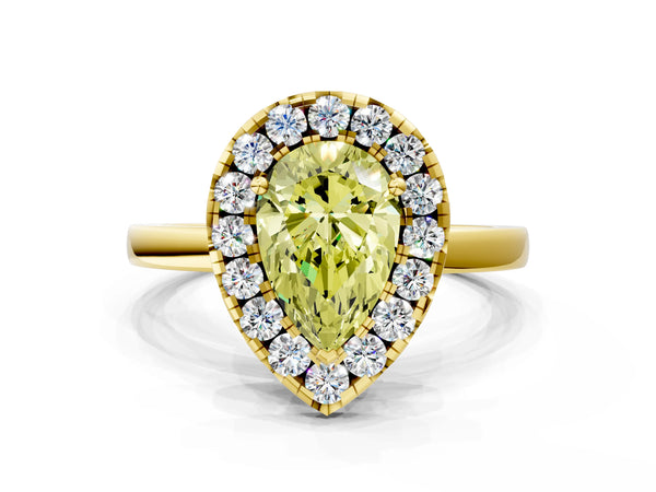 Yellow gold Fancy Yellow Pear  Halo Diamond Solitaire with Pavé Band and Four-Prong Setting