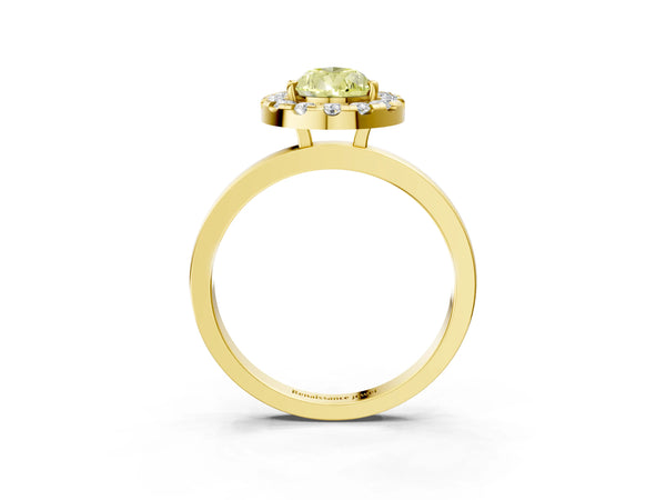 Yellow gold Fancy Yellow Pear  Halo Diamond Solitaire with Pavé Band and Four-Prong Setting
