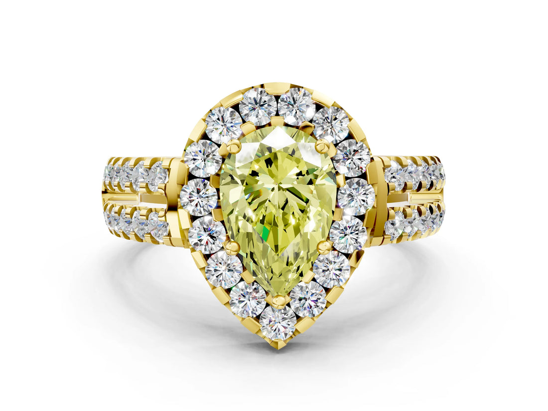 Yellow gold Fancy Yellow Pear  Halo Diamond Split Shank Engagement Ring with Prong Setting_26