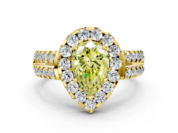 Yellow gold Fancy Yellow Pear  Halo Diamond Split Shank Engagement Ring with Prong Setting