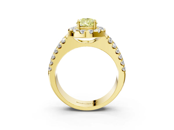 Yellow gold Fancy Yellow Pear  Halo Diamond Split Shank Engagement Ring with Prong Setting