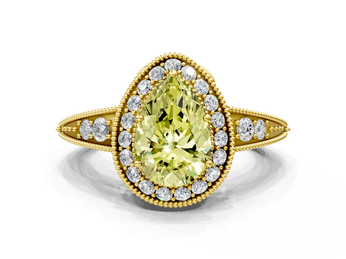 Yellow gold Fancy Yellow Pear  Halo Diamond Split Shank Ring with Milgrain Detail_50