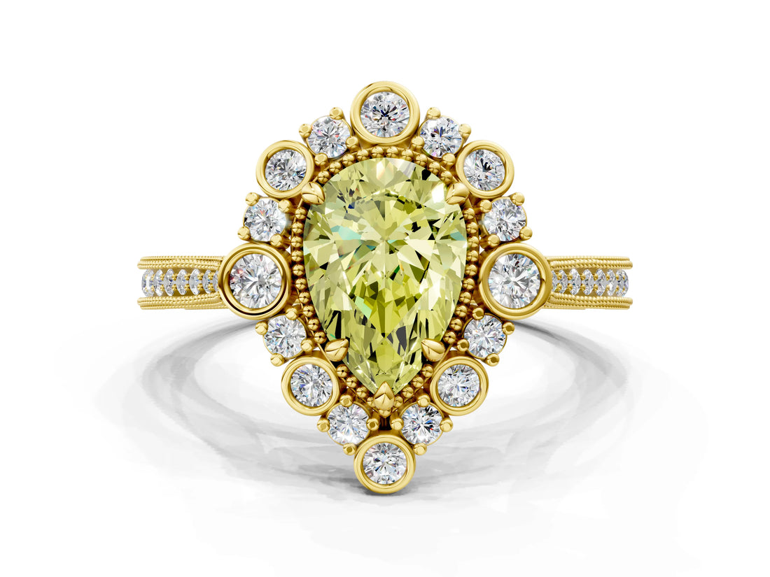 Yellow gold Fancy Yellow Pear  Halo Milgrain Pave Diamond Ring with Four-Prong Setting 1