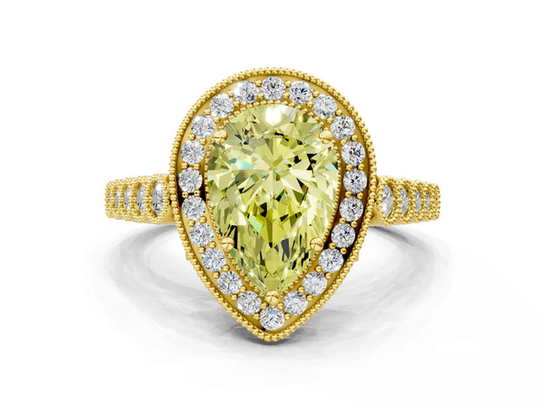 Yellow gold Fancy Yellow Pear  Halo Milgrain Solitaire with Bezel Set Side Stones and Pave Band