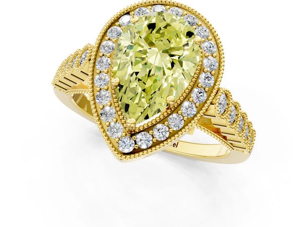 Yellow gold Fancy Yellow Pear  Halo Milgrain Solitaire with Bezel Set Side Stones and Pave Band