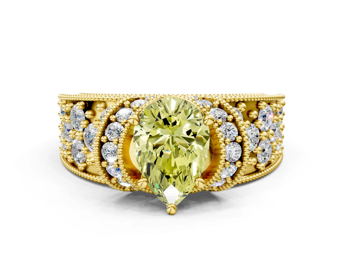 Yellow gold Fancy Yellow Pear  Halo Pave Diamond Engagement Ring with Milgrain Detailing_49
