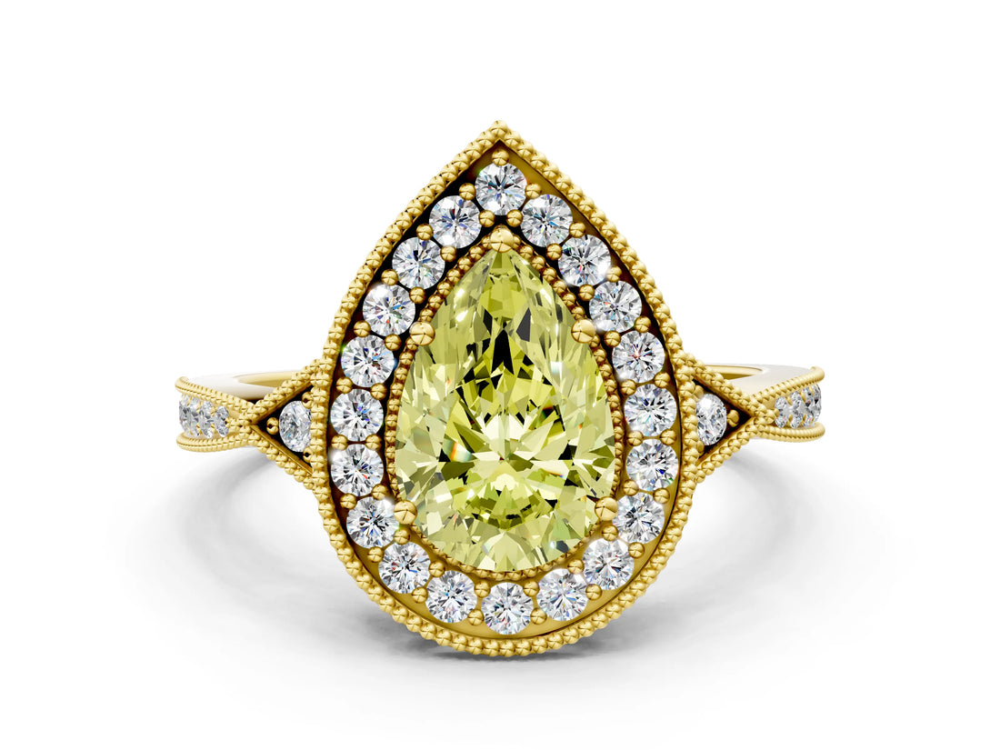 Yellow gold Fancy Yellow Pear  Halo Round Diamond Milgrain Pave Engagement Ring_3