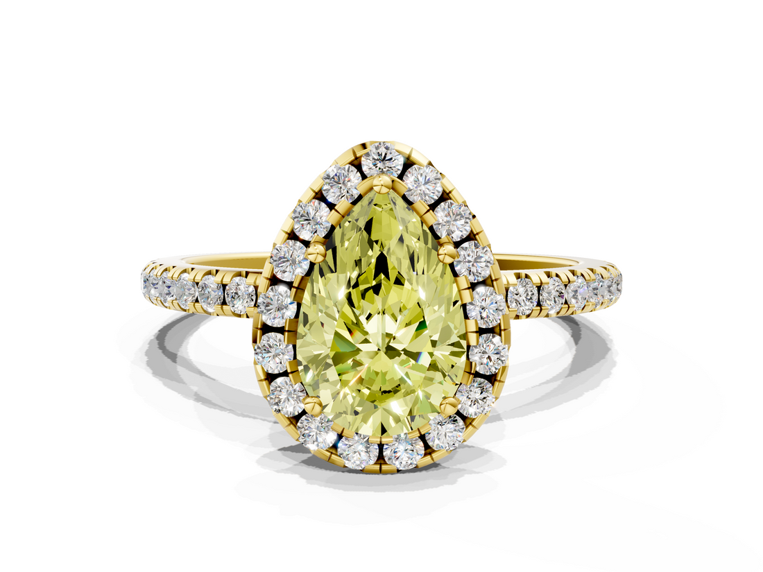 Yellow gold Fancy Yellow Pear  Halo Round Diamond Pavé Band Four-Prong Ring_3
