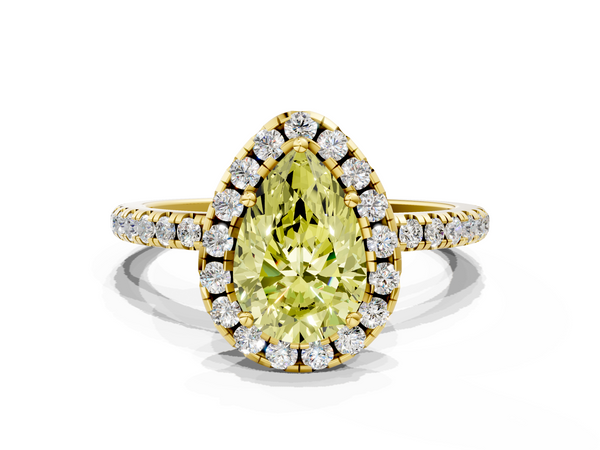 Yellow gold Fancy Yellow Pear  Halo Round Diamond Pavé Band Four-Prong Ring