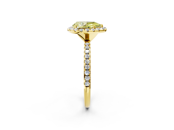 Yellow gold Fancy Yellow Pear  Halo Round Diamond Pavé Band Four-Prong Ring