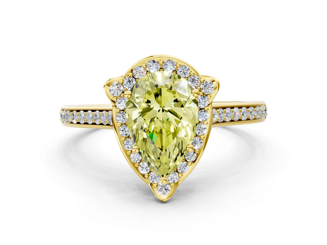 Yellow gold Fancy Yellow Pear  Halo Round Diamond Pave Band with Four-Prong Setting_39