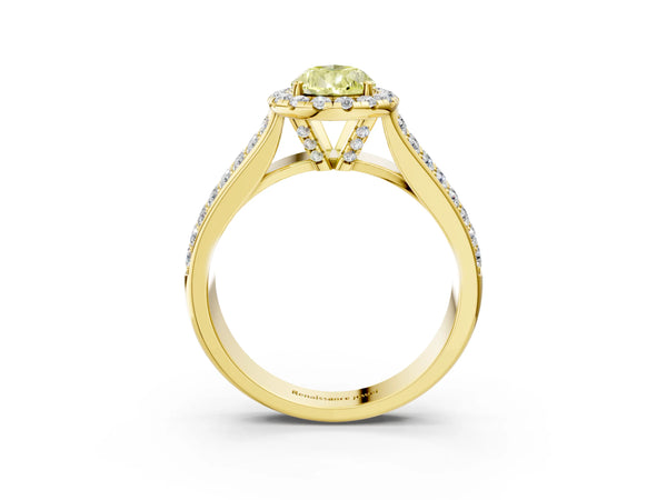 Yellow gold Fancy Yellow Pear  Halo Round Diamond Pave Band with Prong Setting