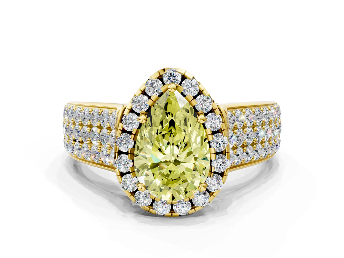 Yellow gold Fancy Yellow Pear  Halo Round Diamond Pave Band with Prong Setting