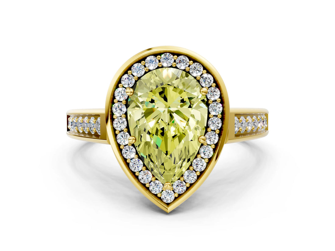 Yellow gold Fancy Yellow Pear  Halo Solitaire Diamond Ring with Pave Band and Bezel Setting_48