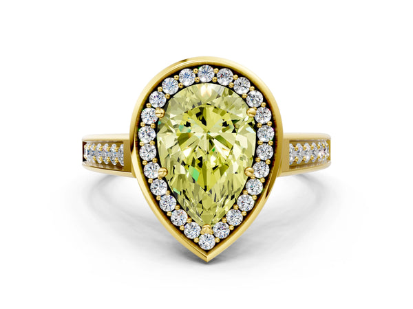 Yellow gold Fancy Yellow Pear  Halo Solitaire Diamond Ring with Pave Band and Bezel Setting