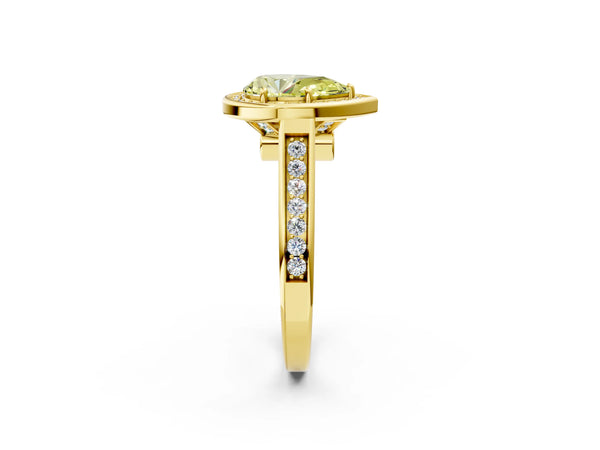 Yellow gold Fancy Yellow Pear  Halo Solitaire Diamond Ring with Pave Band and Bezel Setting