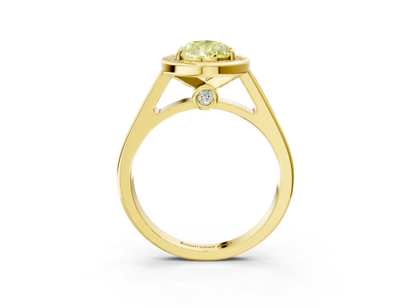 Yellow gold Fancy Yellow Pear  Halo Solitaire Diamond Ring with Pave Band and Bezel Setting