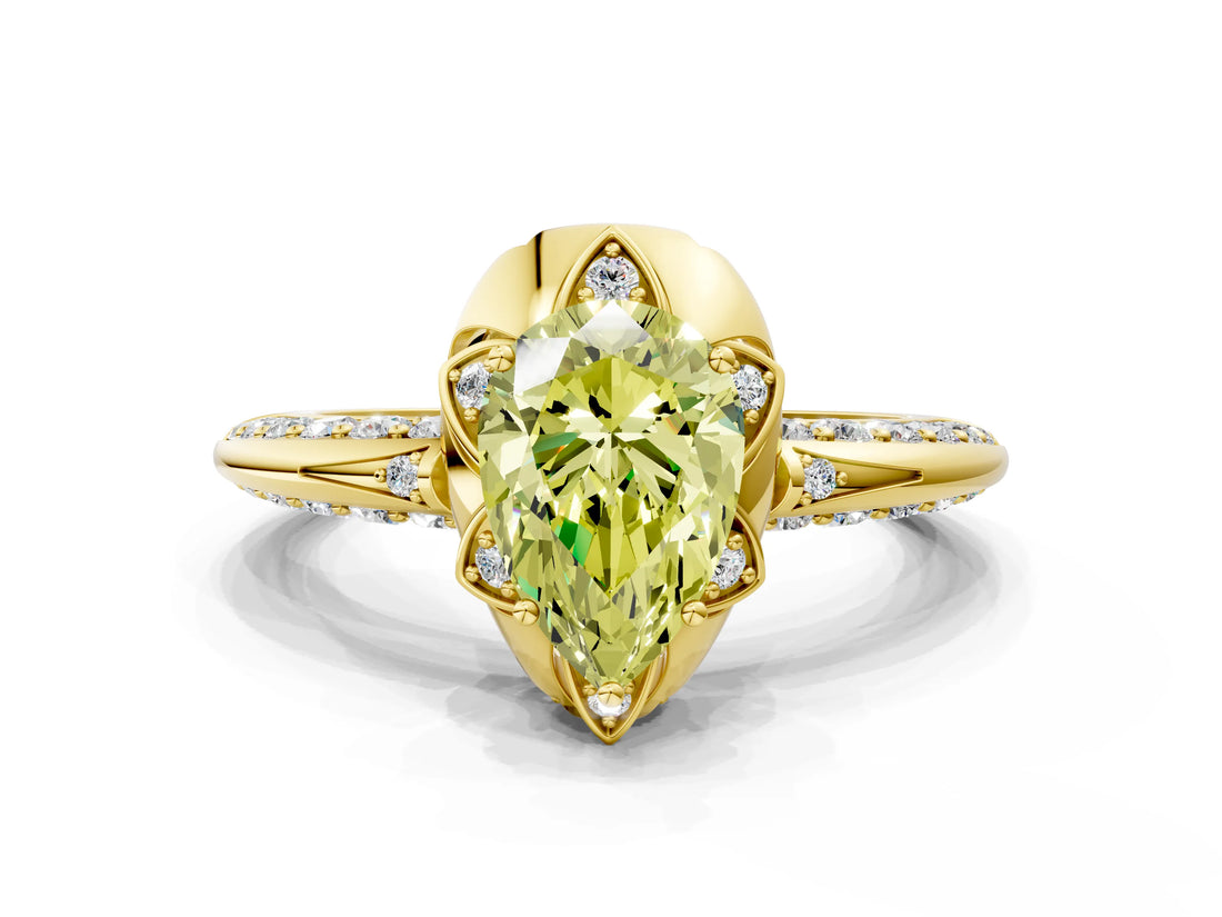Yellow gold Fancy Yellow Pear  Halo Split Shank Pave Diamond Ring with Petal Prong Setting_20