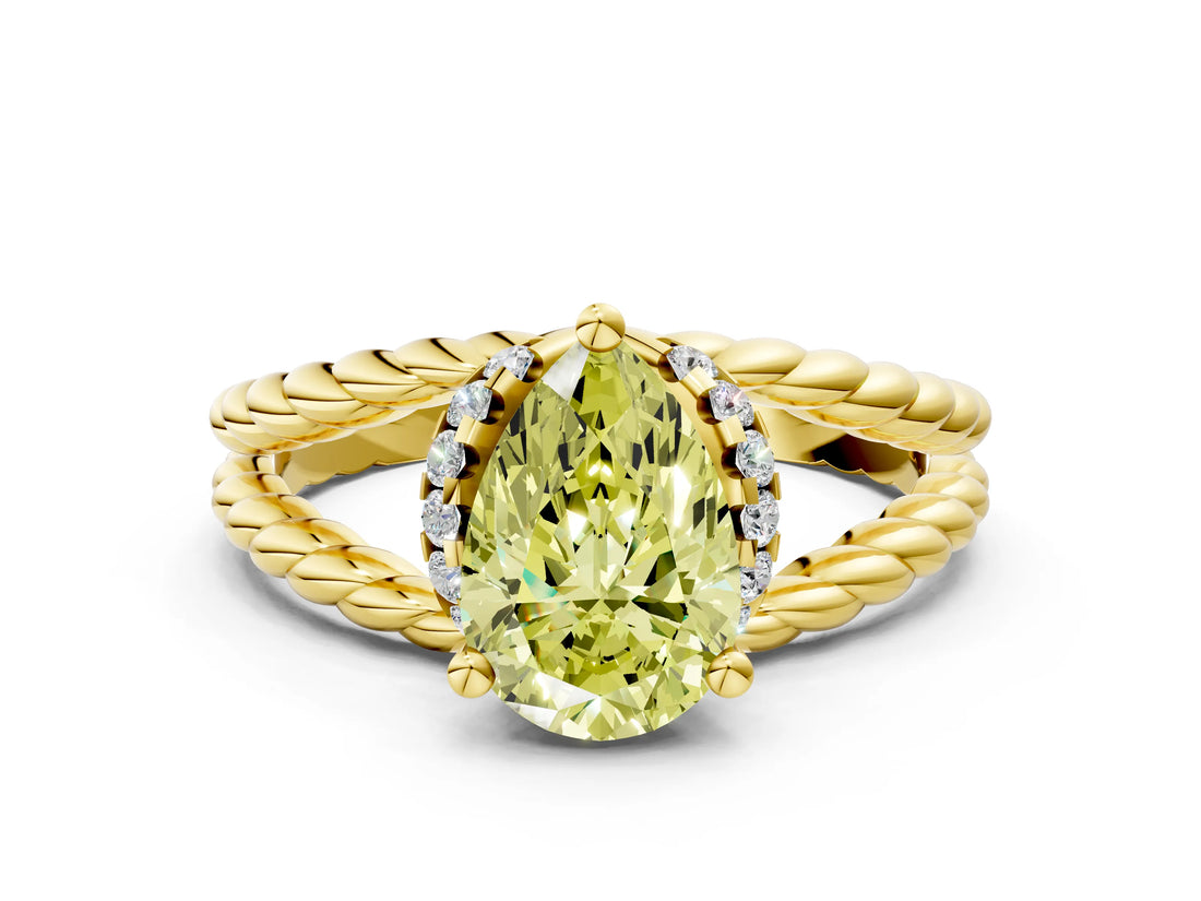 Yellow gold Fancy Yellow Pear  Halo Twisted Band Four-Prong Ring_32