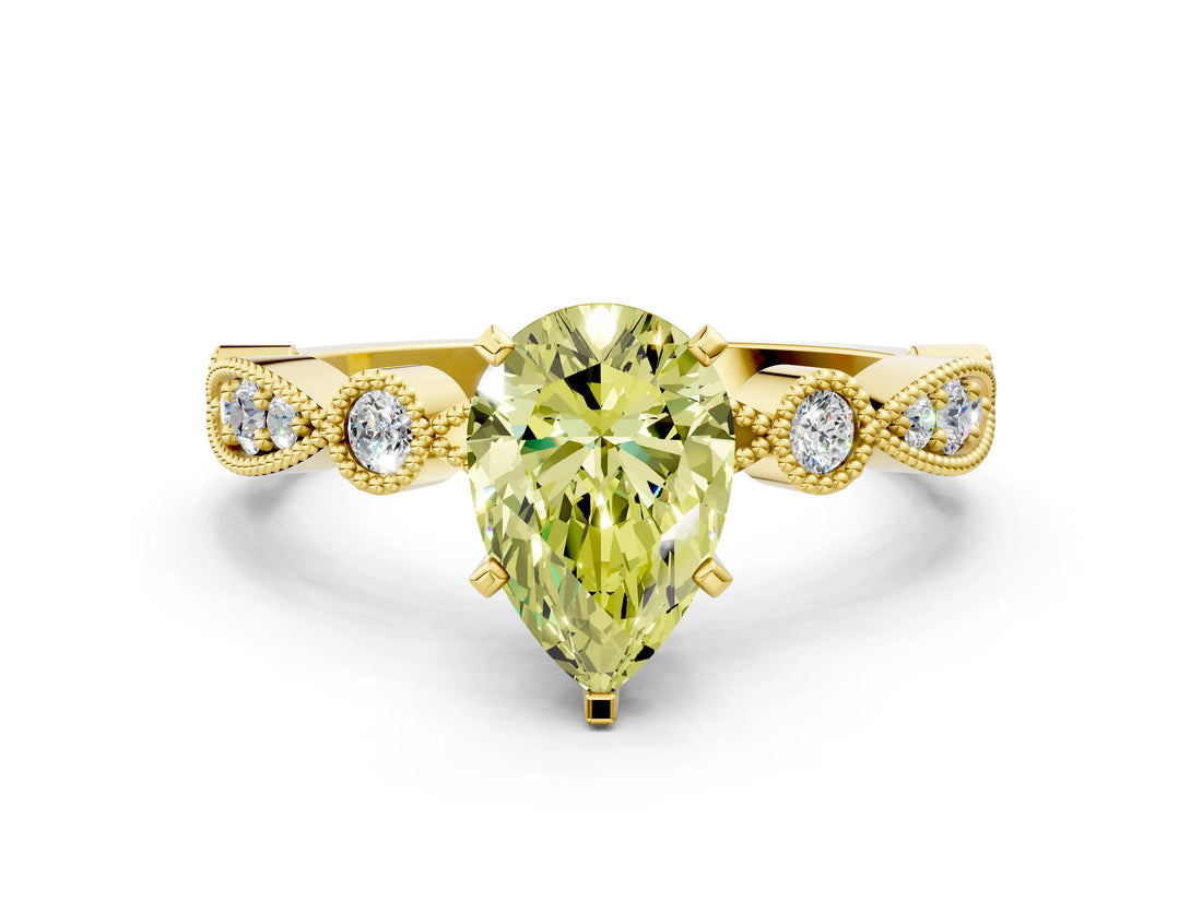 Yellow gold Fancy Yellow Pear  Milgrain Bezel Diamond Engagement Ring with Solitaire Prong Setting_141