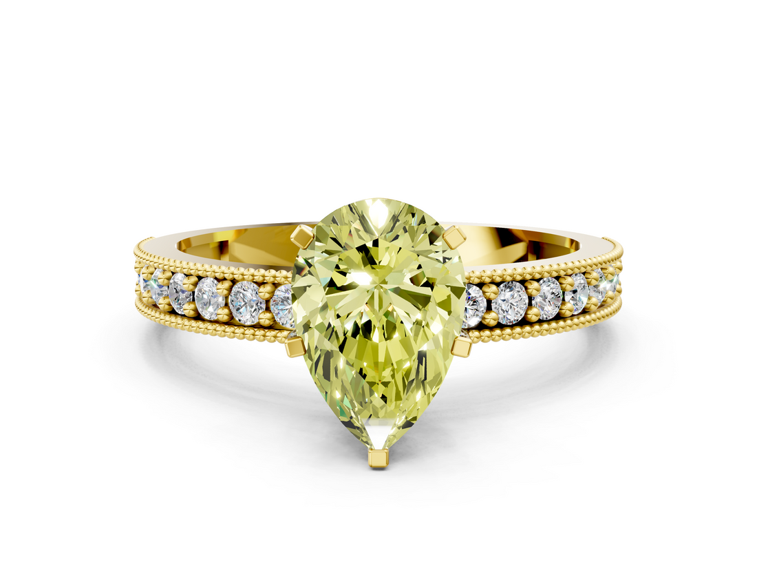 Yellow gold Fancy Yellow Pear  Milgrain Pave Diamond Engagement Ring with Four-Prong Setting_152