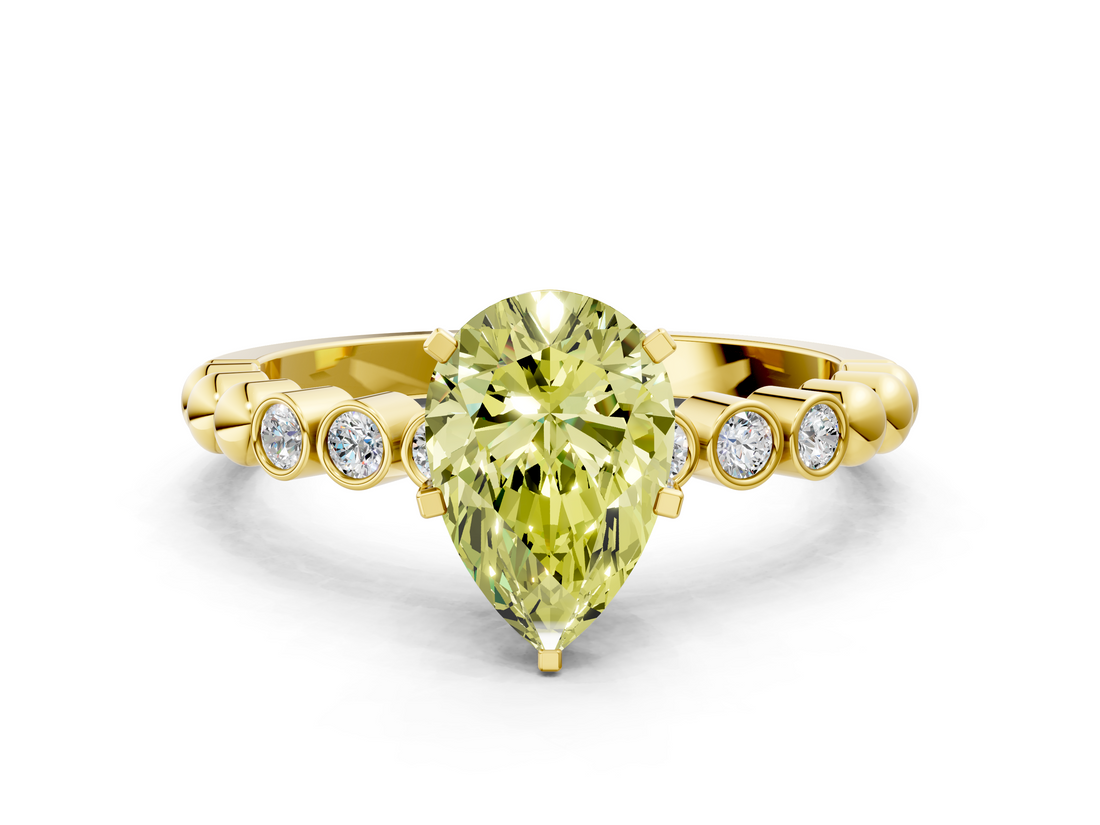 Yellow gold Fancy Yellow Pear  Solitaire Bezel Accent Diamond Engagement Ring with Beaded Band and Four-Prong Setting_24