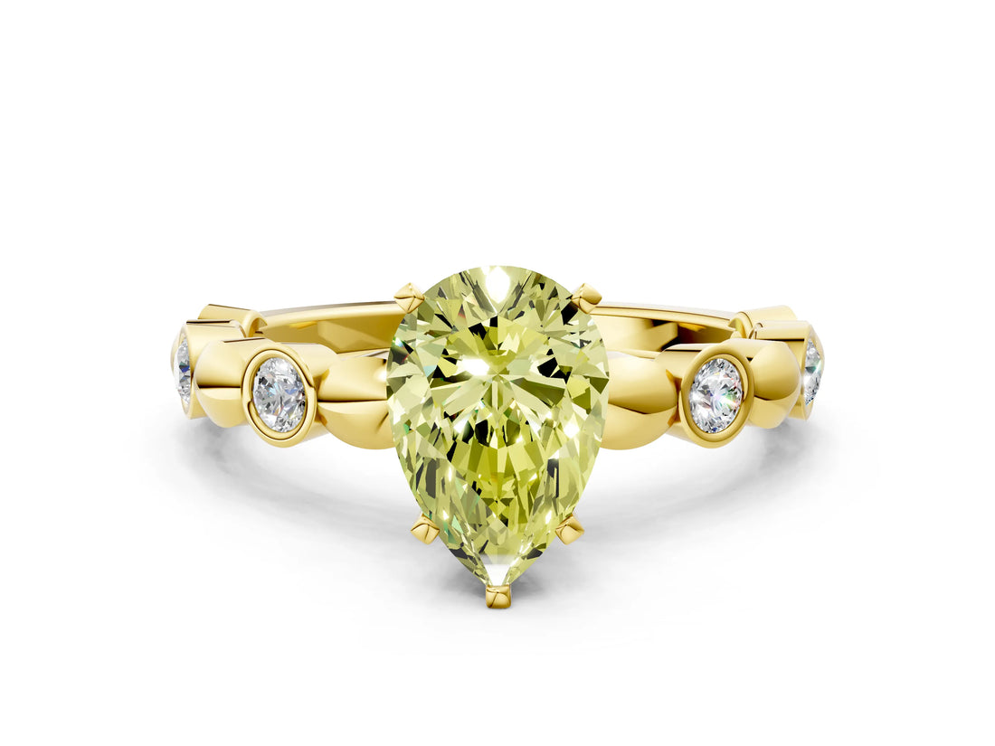 Yellow gold Fancy Yellow Pear  Solitaire Bezel-Set Diamond Ring with Beaded Band and Four-Prong Setting_32
