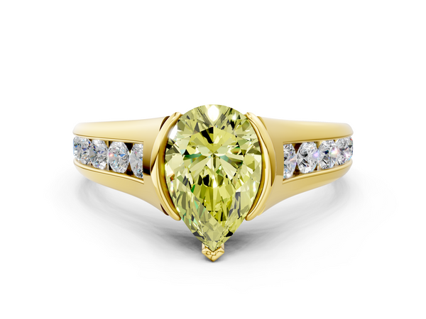 Yellow gold Fancy Yellow Pear  Solitaire Bezel-Set Diamond Ring with Channel-Set Band